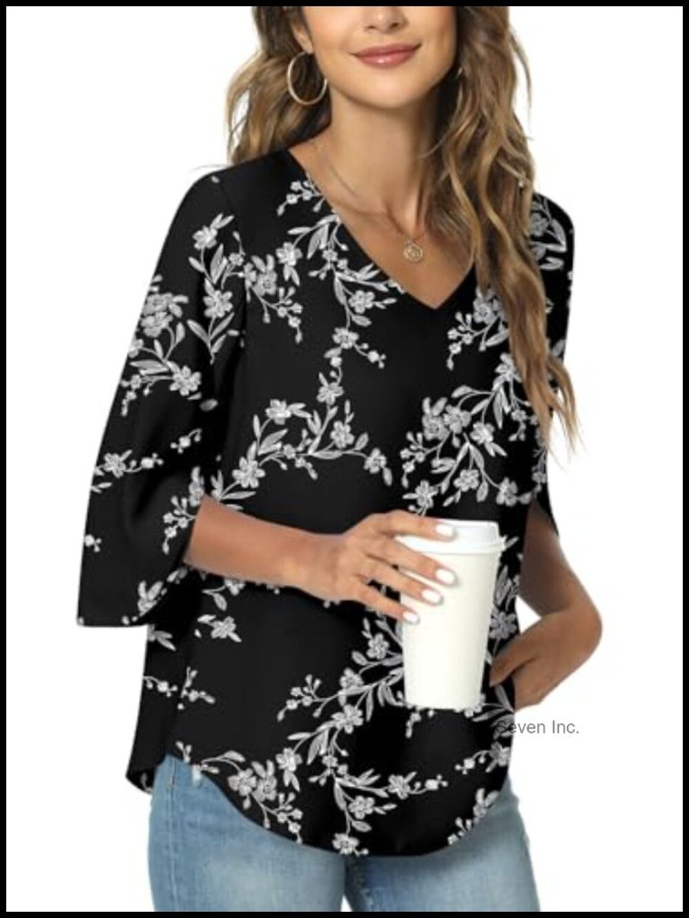 Womens Chiffon Tunic Blouse 3/4 Sleeve V-Neck Loose Fit Work Top